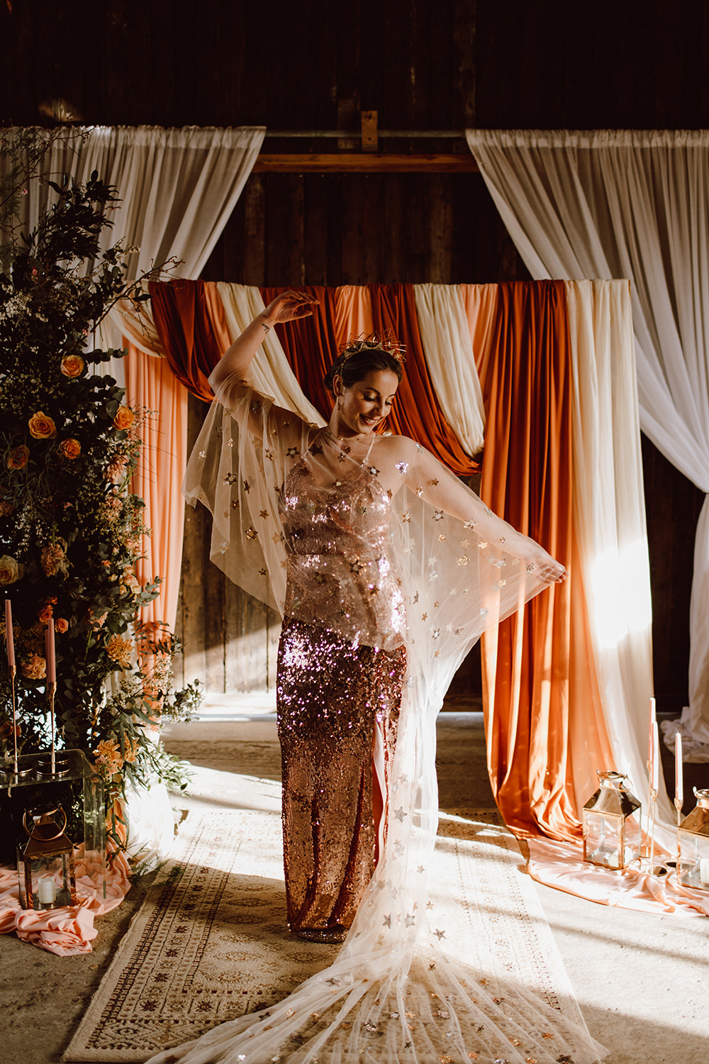 Dress Gown Bride Bridal Gold Star Sequin Montague Farm Wedding Jessica Bevan Photography