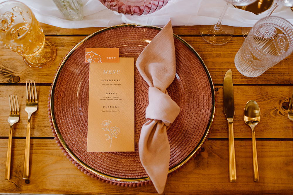 Orange Menu Place Name Card Pink Napkin Montague Farm Wedding Jessica Bevan Photography