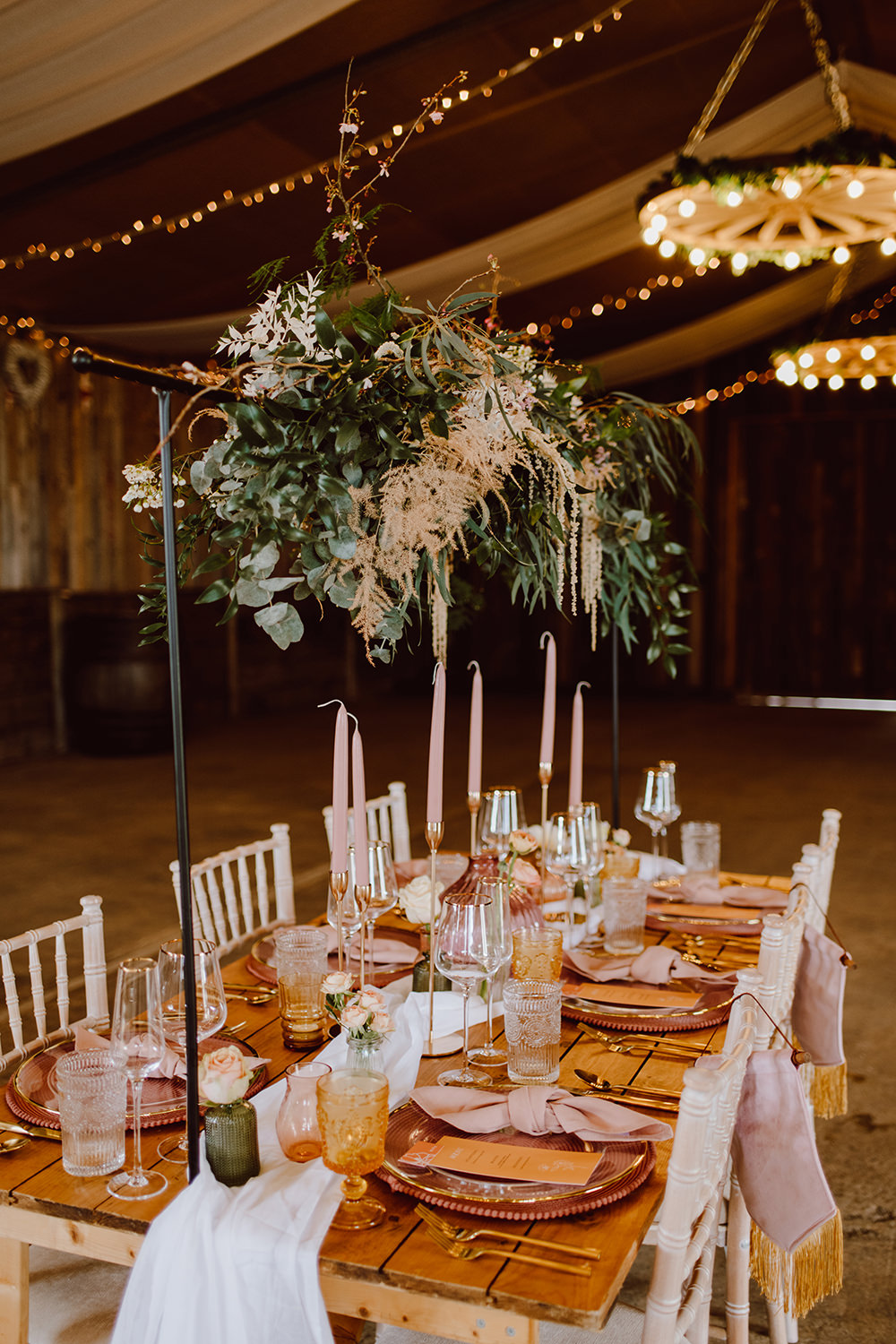 Wooden Table Pink Candles Decor Suspended Flowers Greenery Montague Farm Wedding Jessica Bevan Photography