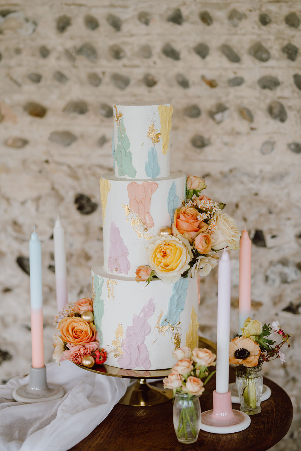Pastel Brushstroke Cake Candles Montague Farm Wedding Jessica Bevan Photography