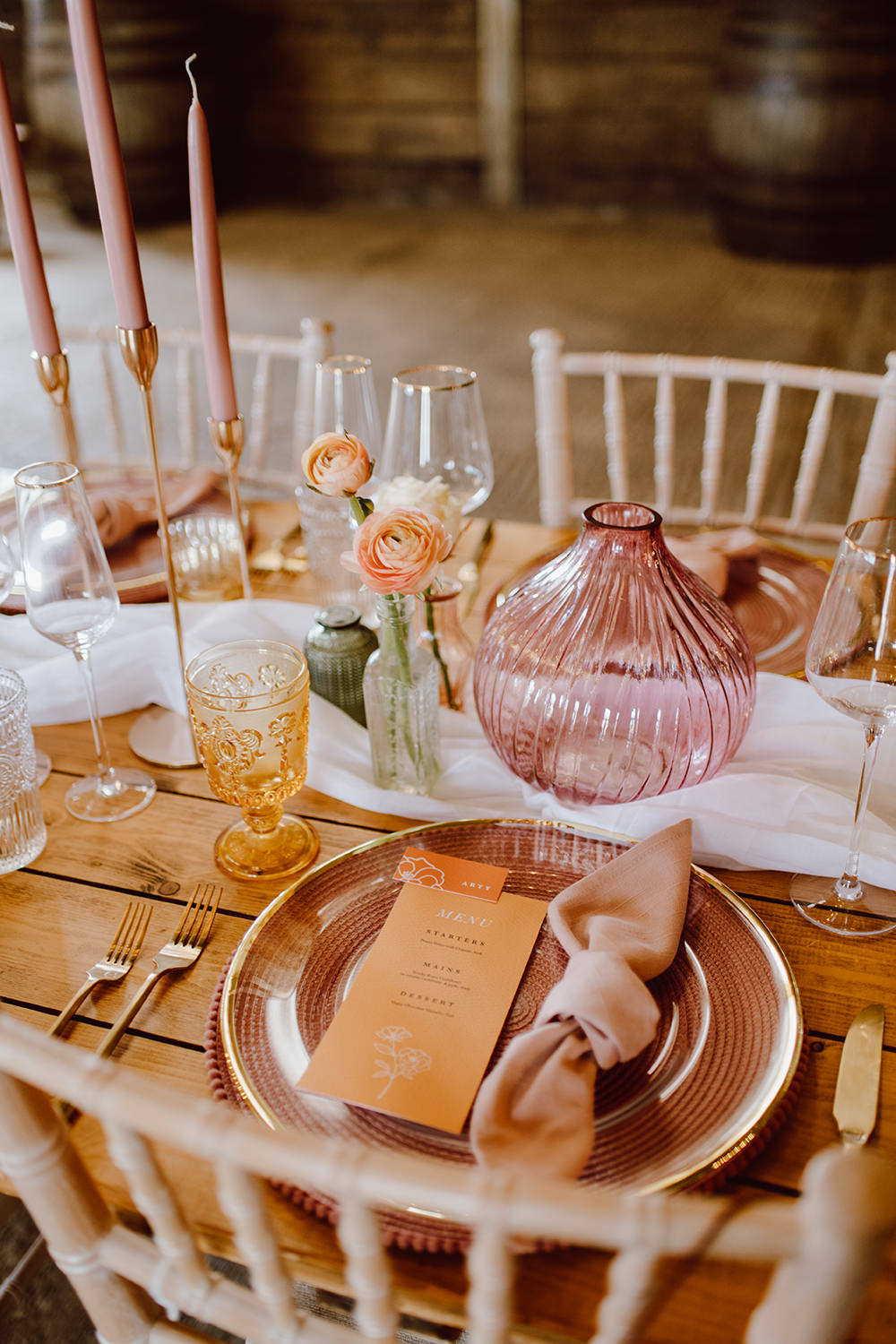 Orange Menu Place Name Card Pink Napkin Montague Farm Wedding Jessica Bevan Photography