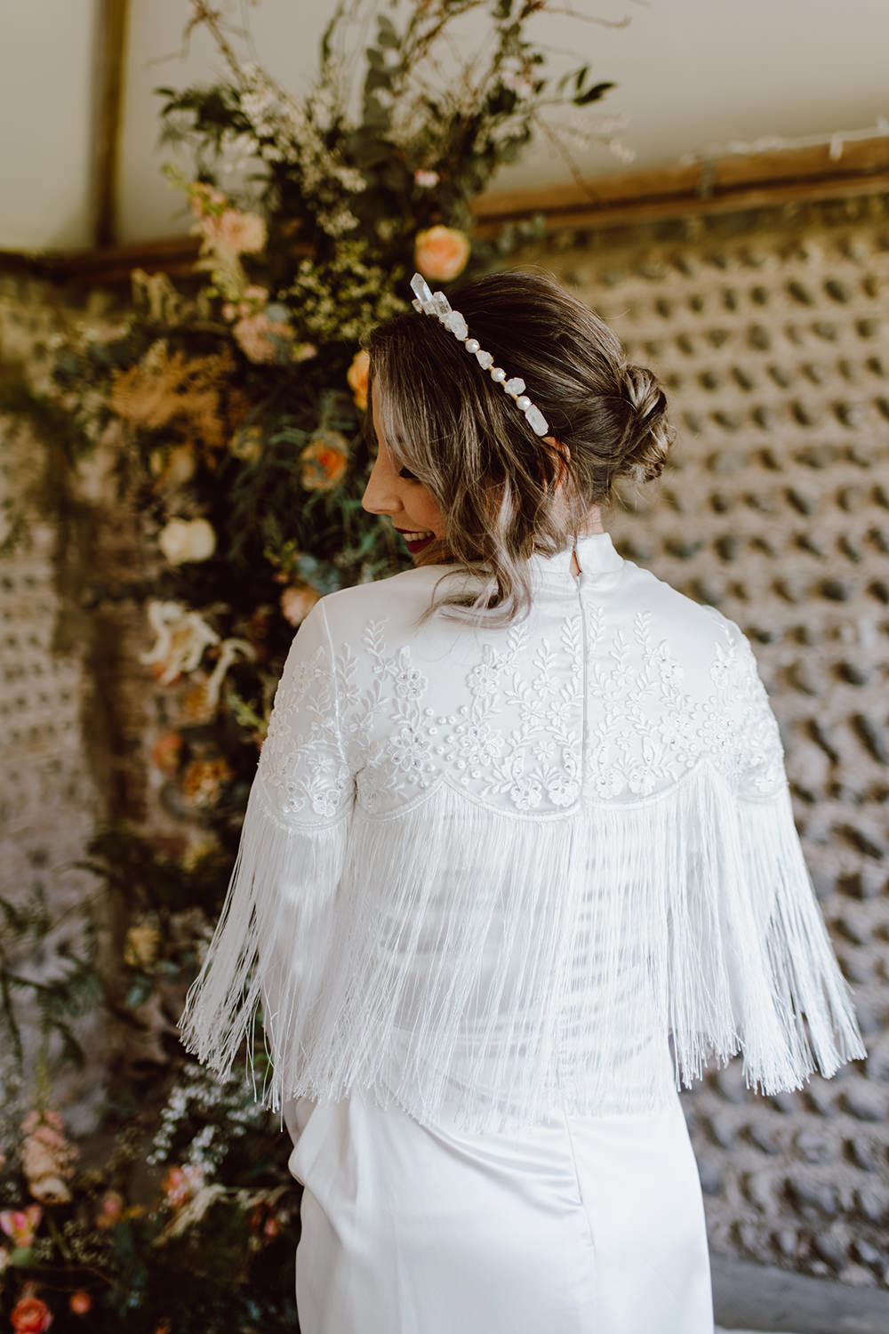 Bride Bridal Dress Tassel Long Sleeve Montague Farm Wedding Jessica Bevan Photography