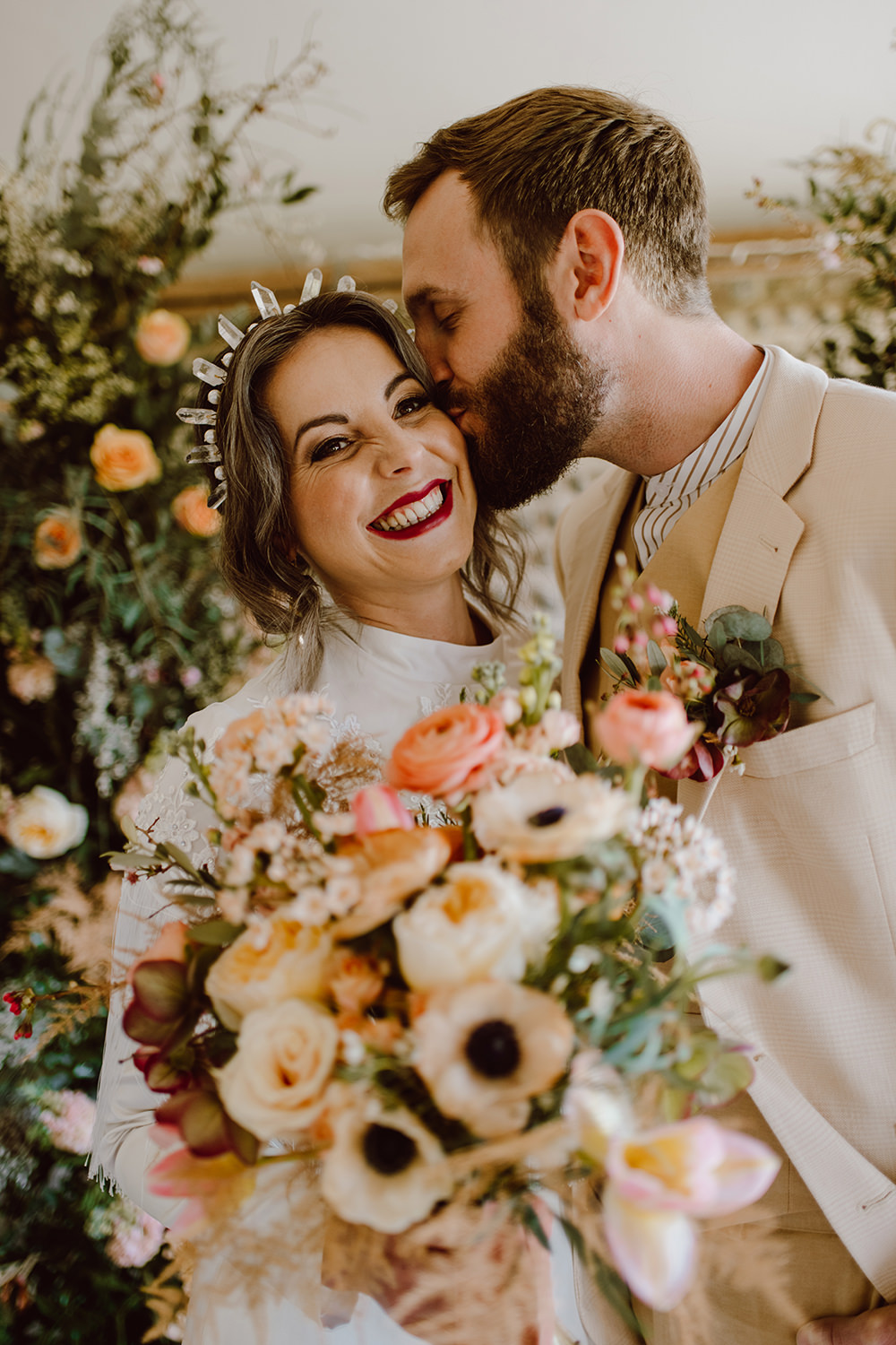 Bouquet Flowers Bride Bridal Peach Anemone Ranunculus Rose Daisy Peach Pink Montague Farm Wedding Jessica Bevan Photography