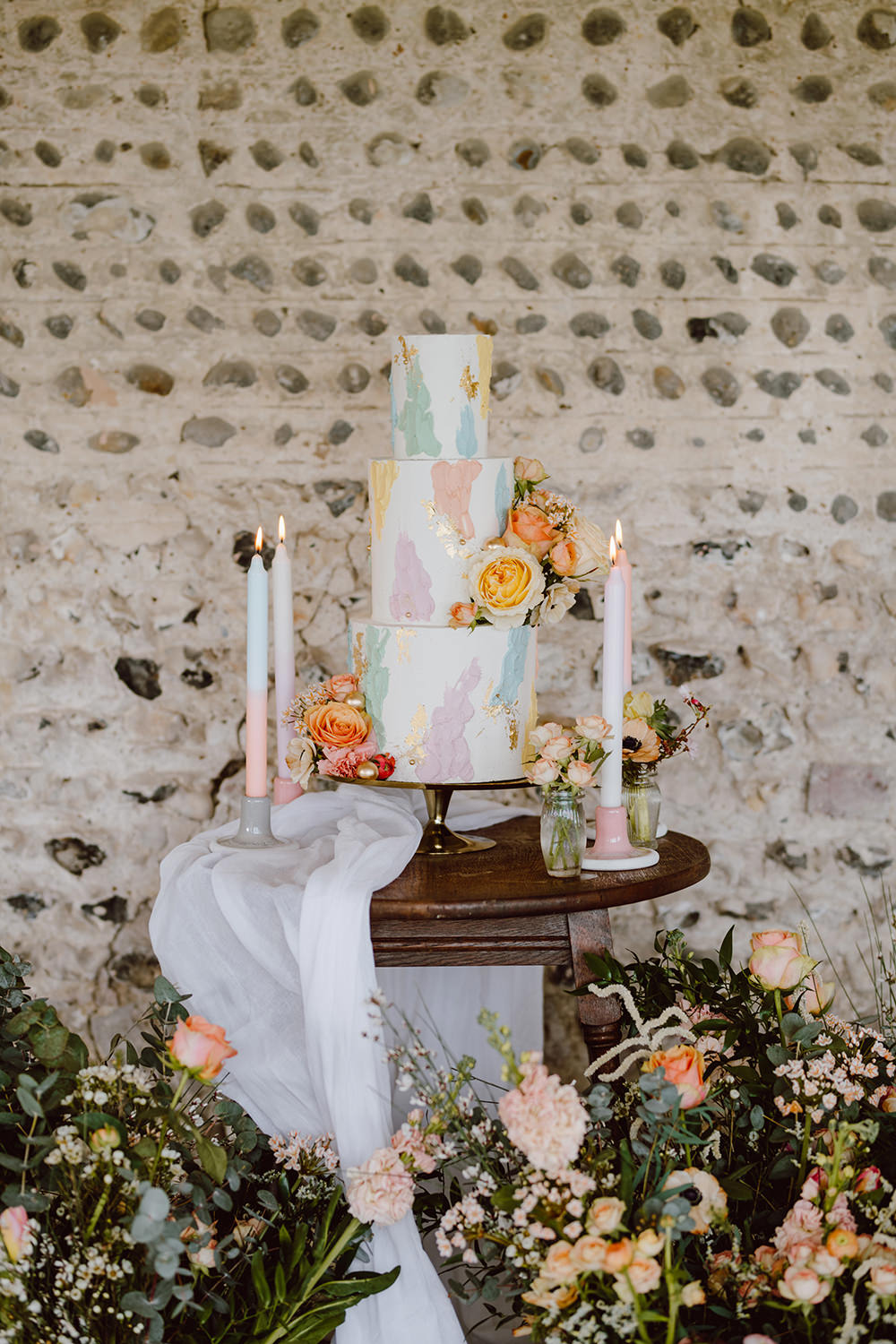 Pastel Brushstroke Cake Candles Table Flowers Montague Farm Wedding Jessica Bevan Photography