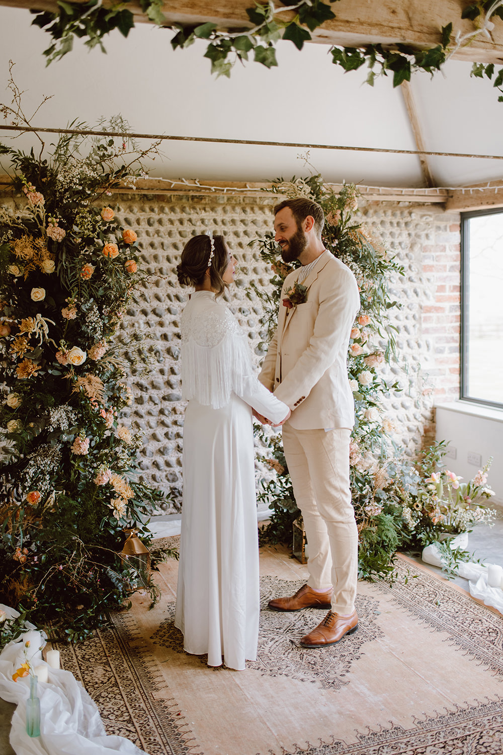 Flower Installation Backdro Greenery Peach Aisle Ceremony Montague Farm Wedding Jessica Bevan Photography