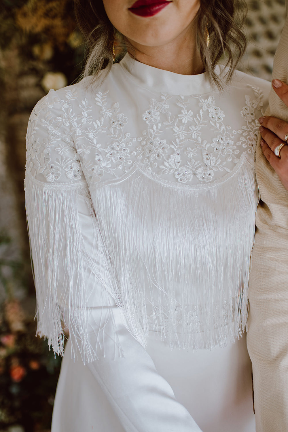 Bride Bridal Dress Tassel Long Sleeve Montague Farm Wedding Jessica Bevan Photography