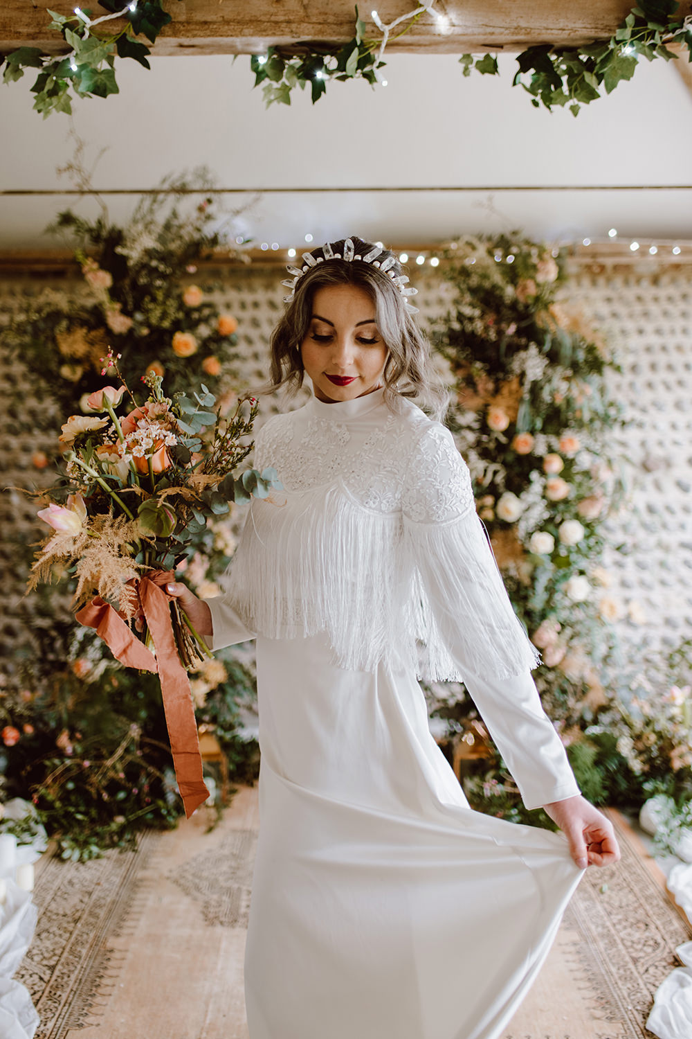 Bride Bridal Dress Tassel Long Sleeve Montague Farm Wedding Jessica Bevan Photography