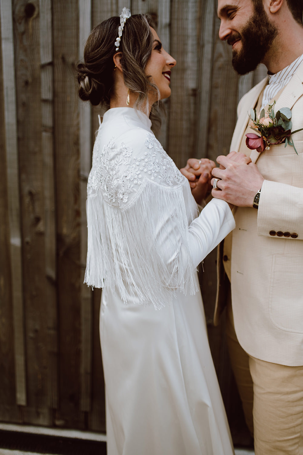 Bride Bridal Dress Tassel Long Sleeve Montague Farm Wedding Jessica Bevan Photography