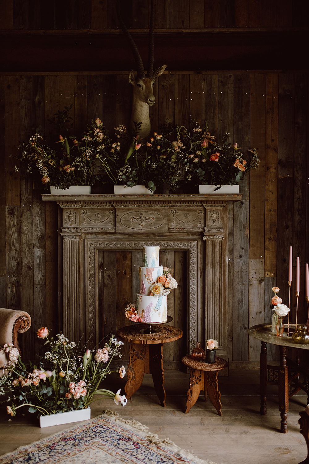 Cake Table Fireplace Flowers Decor Montague Farm Wedding Jessica Bevan Photography