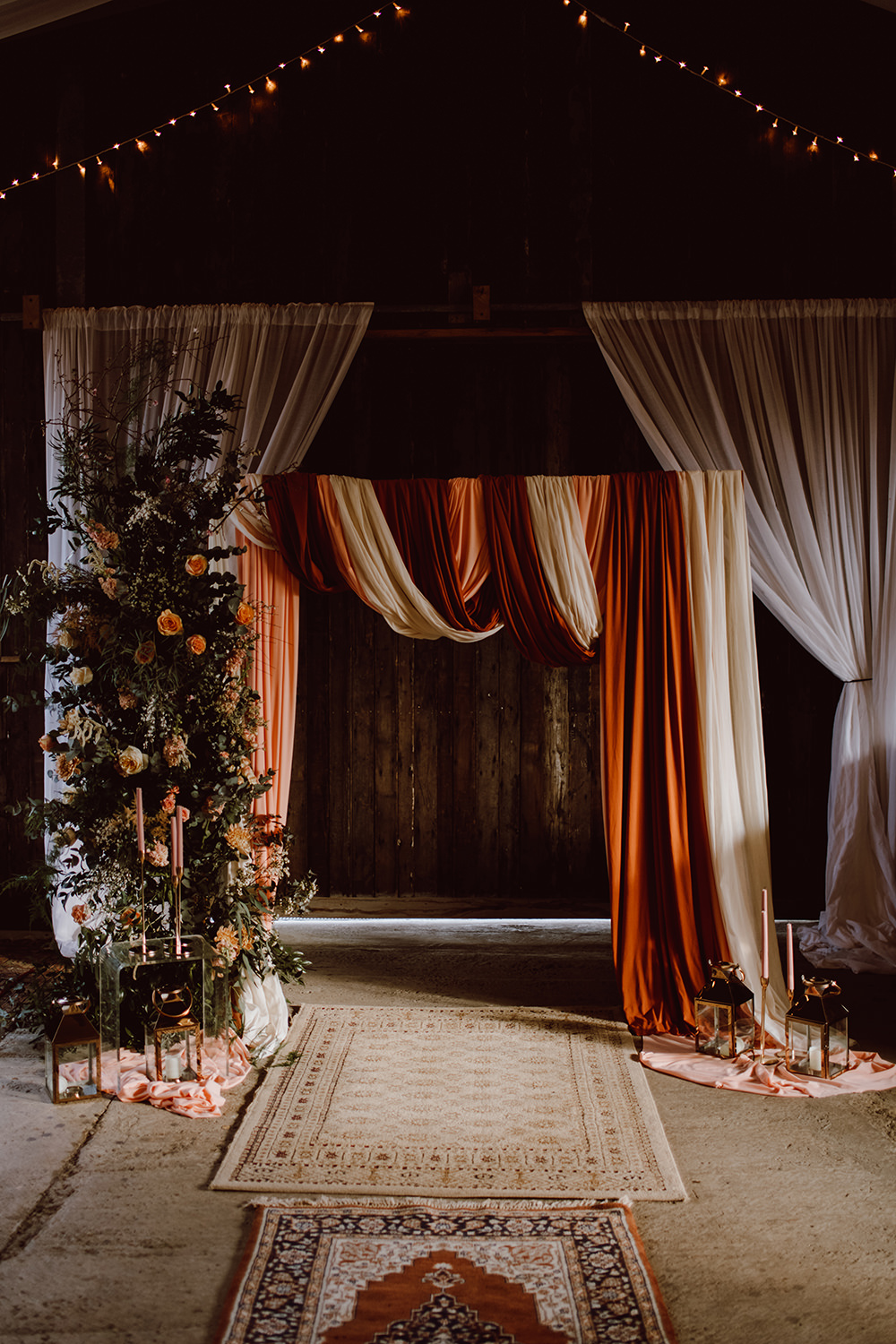 Drape Flower Arch Backdrop Peach Rust Montague Farm Wedding Jessica Bevan Photography