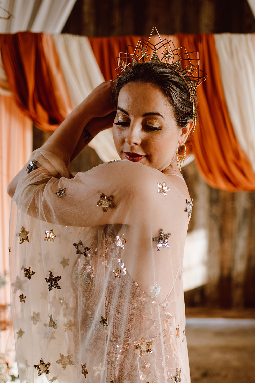 Dress Gown Bride Bridal Gold Star Sequin Montague Farm Wedding Jessica Bevan Photography