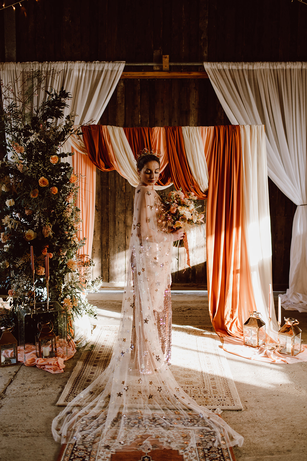 Dress Gown Bride Bridal Gold Star Sequin Montague Farm Wedding Jessica Bevan Photography