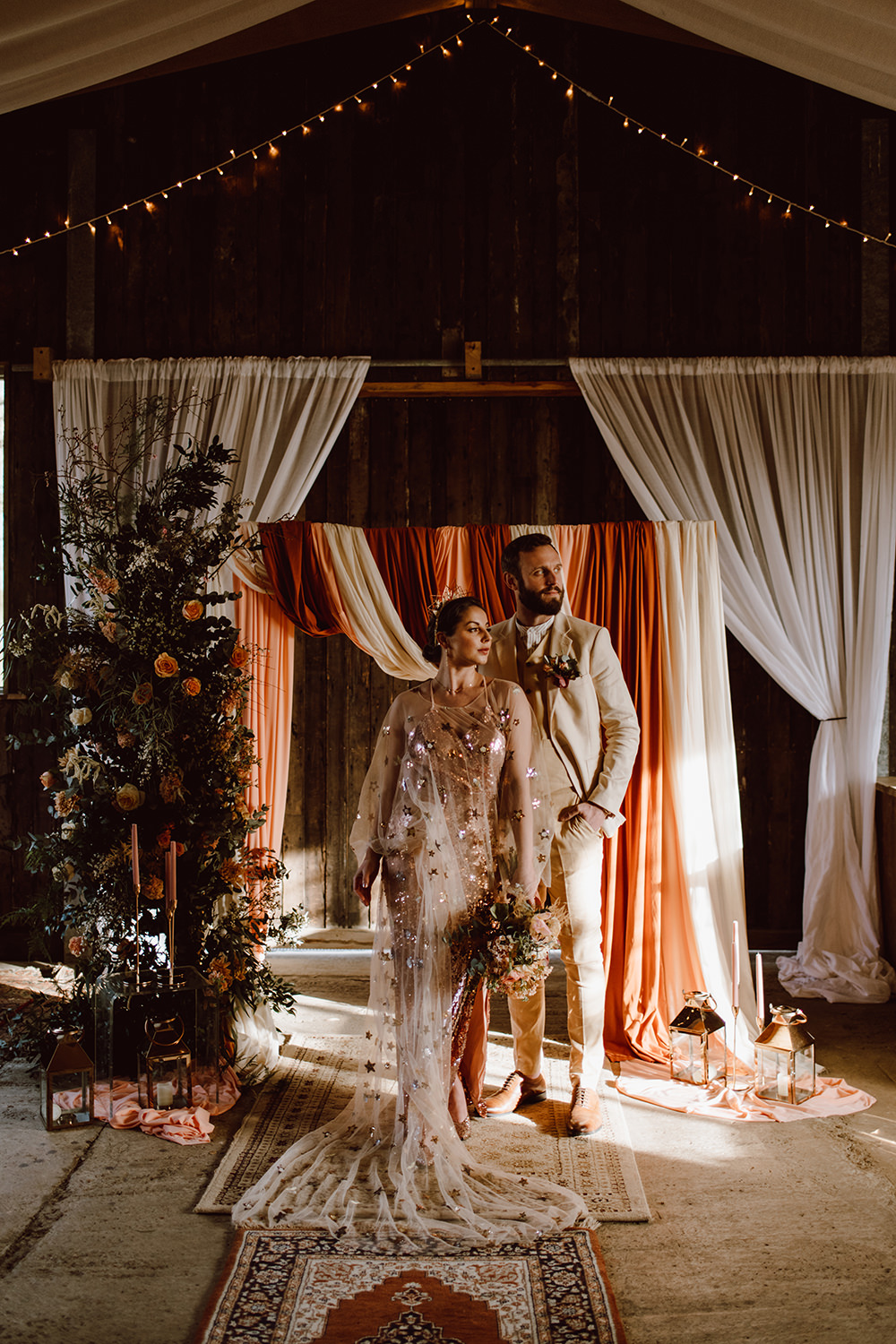Drape Flower Arch Backdrop Peach Rust Montague Farm Wedding Jessica Bevan Photography