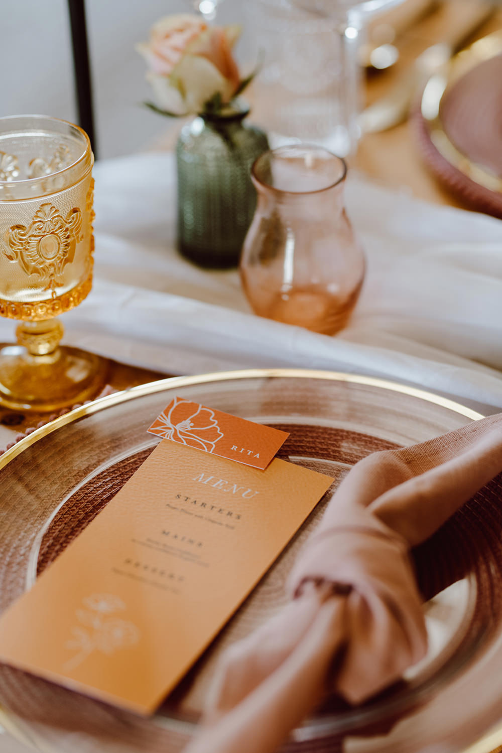 Orange Menu Place Name Card Pink Napkin Montague Farm Wedding Jessica Bevan Photography