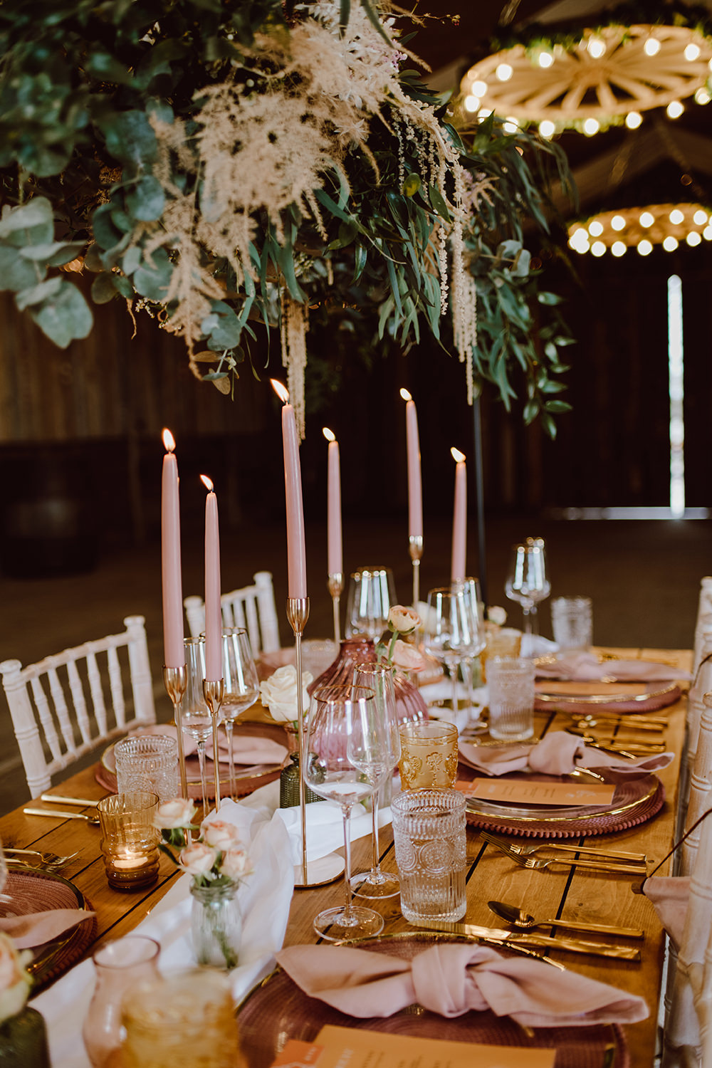 Wooden Table Pink Candles Decor Suspended Flowers Greenery Montague Farm Wedding Jessica Bevan Photography