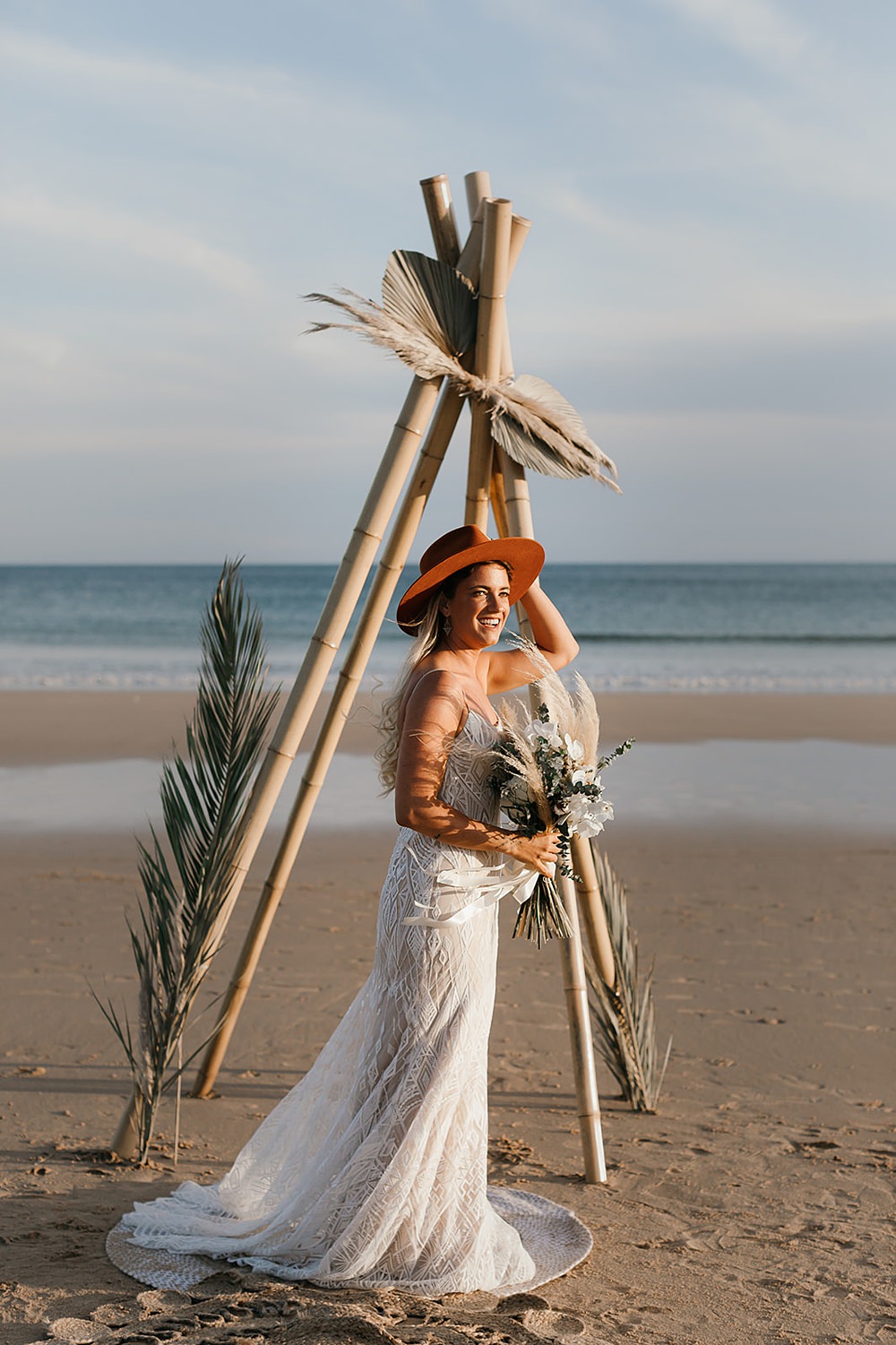 Dress Gown Bride Bridal Boho Lace Fedora Hat Praia da Luz Wedding OydinMei