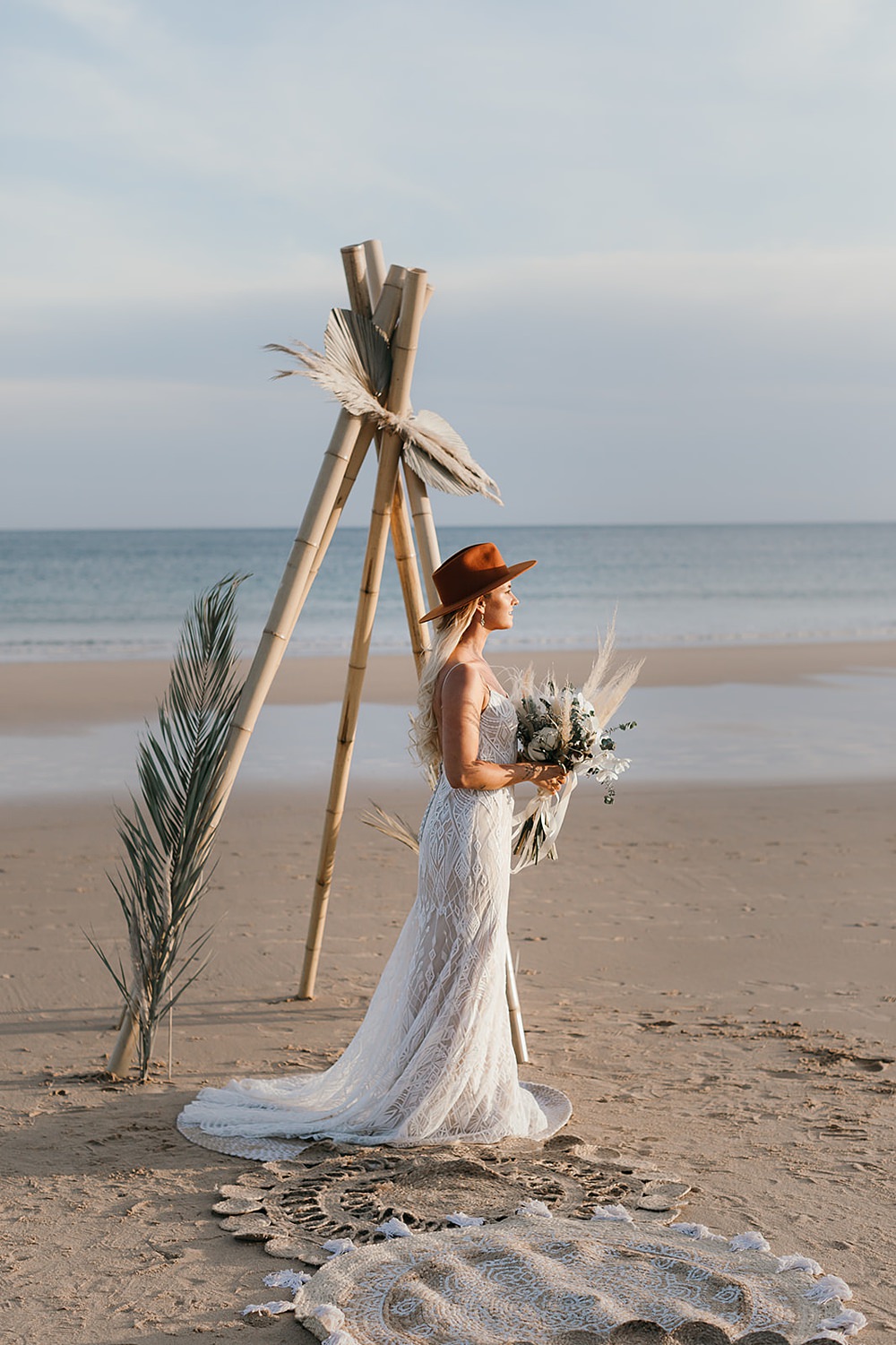 Dress Gown Bride Bridal Boho Lace Fedora Hat Praia da Luz Wedding OydinMei