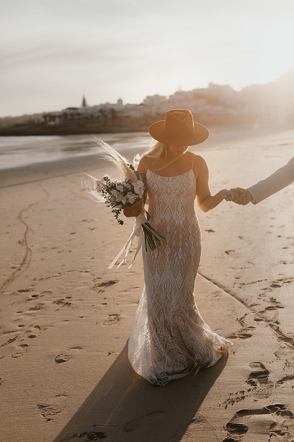 Dress Gown Bride Bridal Boho Lace Fedora Hat Praia da Luz Wedding OydinMei