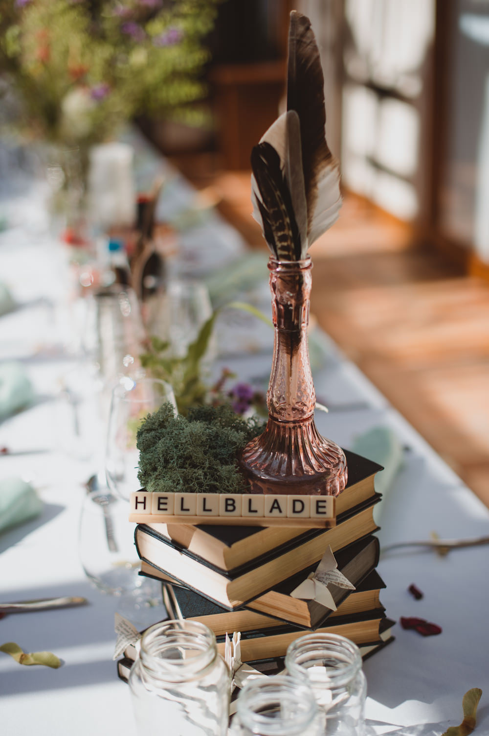 Riverside Buckinghamshire Wedding Sasha Weddings Centrepiece Decor Books Feature Moss Scrabble Table Name