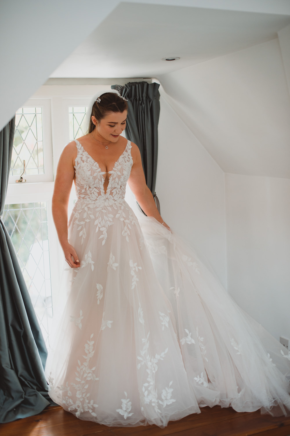 Dress Gown Bride Bridal Blush Lace Tulle Train Riverside Buckinghamshire Wedding Sasha Weddings
