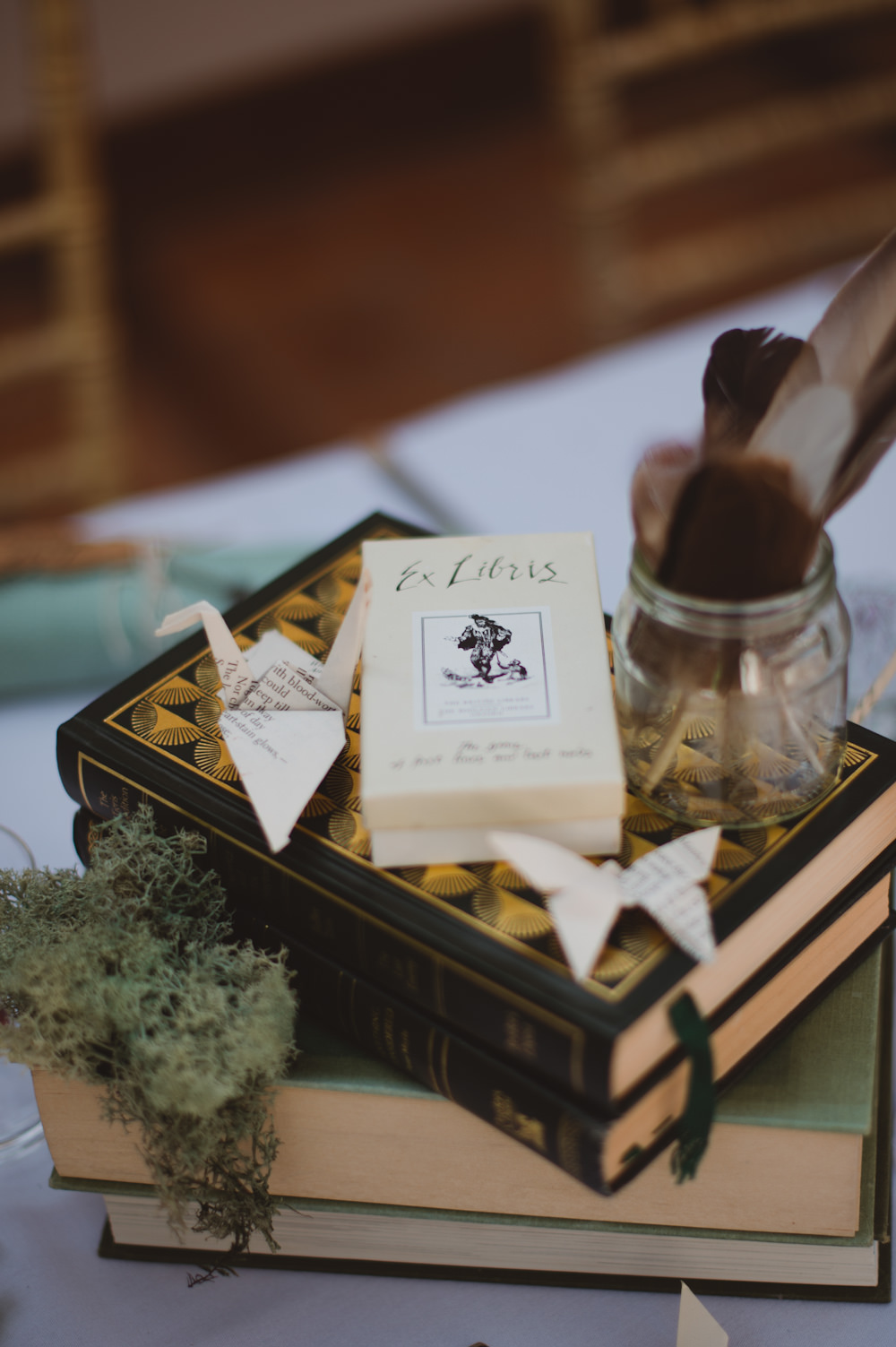 Centrepiece Decor Books Feature Moss Scrabble Table Name Origami Riverside Buckinghamshire Wedding Sasha Weddings