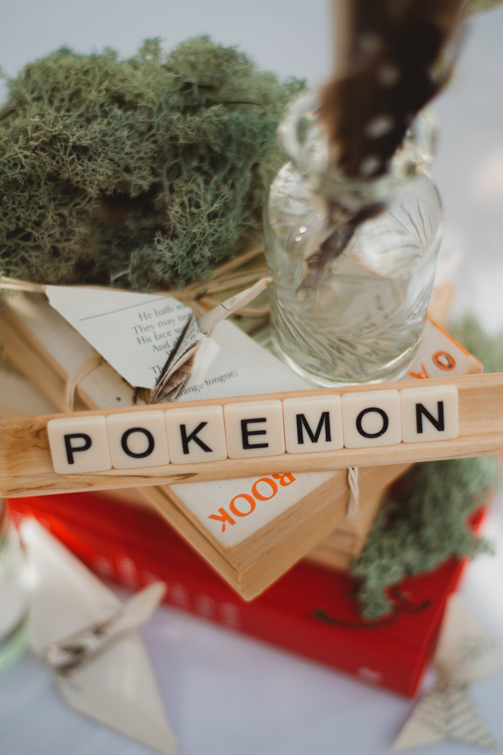 Centrepiece Decor Books Feature Moss Scrabble Table Name Pokemon Riverside Buckinghamshire Wedding Sasha Weddings