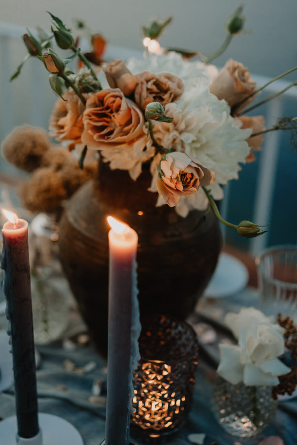 Wedding Table Decor Blue Cloth Candles Toffee Flowers Salina Elopement Ideas Gianmarco Amico
