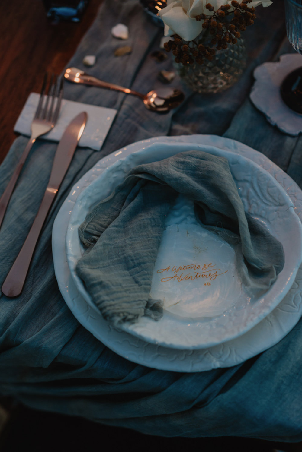 Place Setting Blue Napkin Salina Elopement Ideas Gianmarco Amico