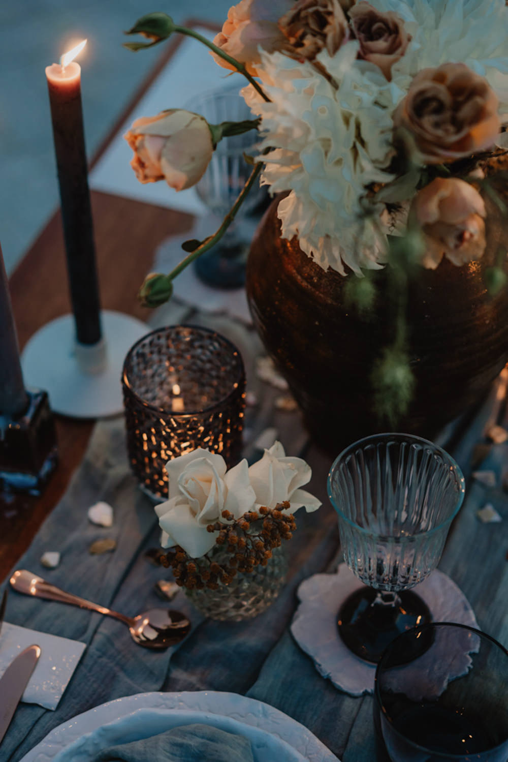 Wedding Table Decor Blue Cloth Candles Toffee Flowers Salina Elopement Ideas Gianmarco Amico