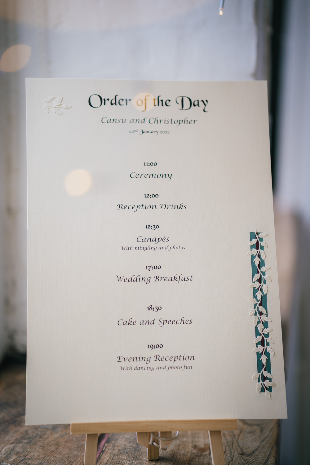 Order of the Day Sign Springhead Trust Wedding Becky Weir Photography