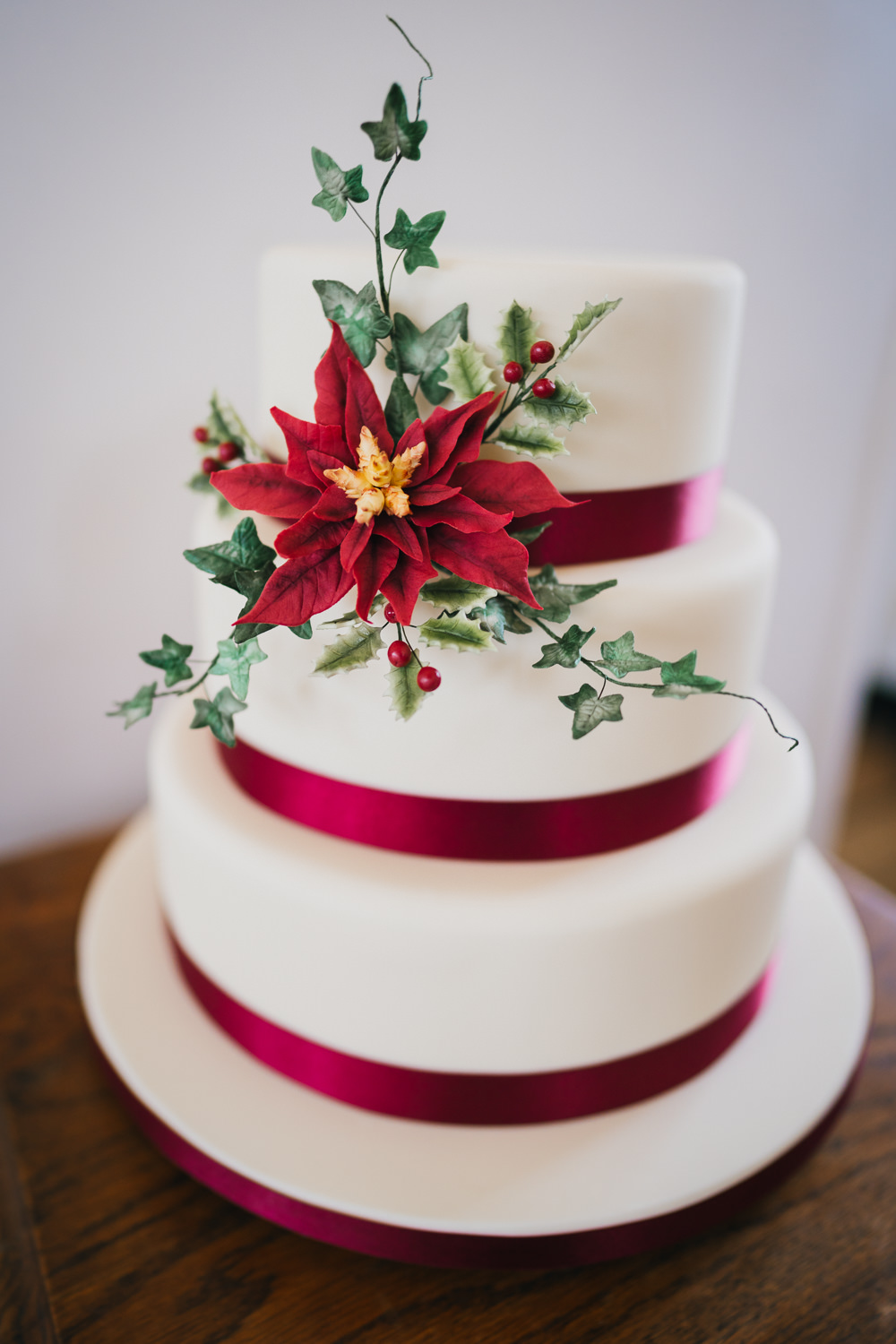 Iced Cake Red Ribbon Flowers Springhead Trust Wedding Becky Weir Photography