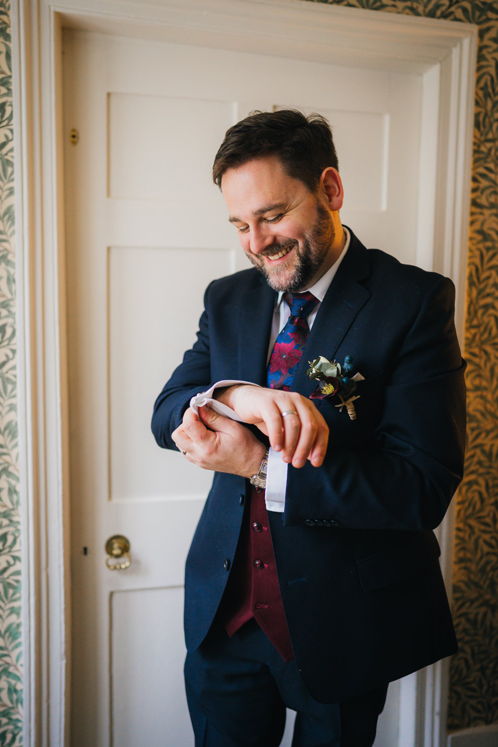 Groom Navy Suit Red Waistcoat Springhead Trust Wedding Becky Weir Photography