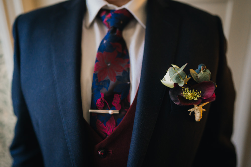 Groom Navy Suit Red Waistcoat Buttonhole Springhead Trust Wedding Becky Weir Photography