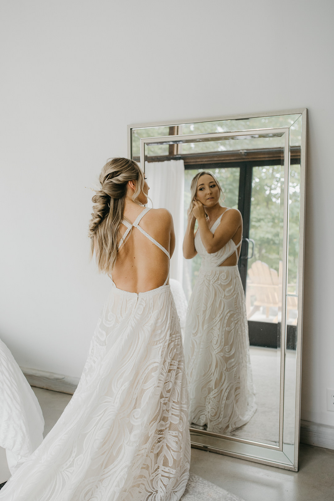Dress Gown Bride Bridal Boho Lace Cross Back Train Tennessee Lake Wedding Eastlyn & Joshua