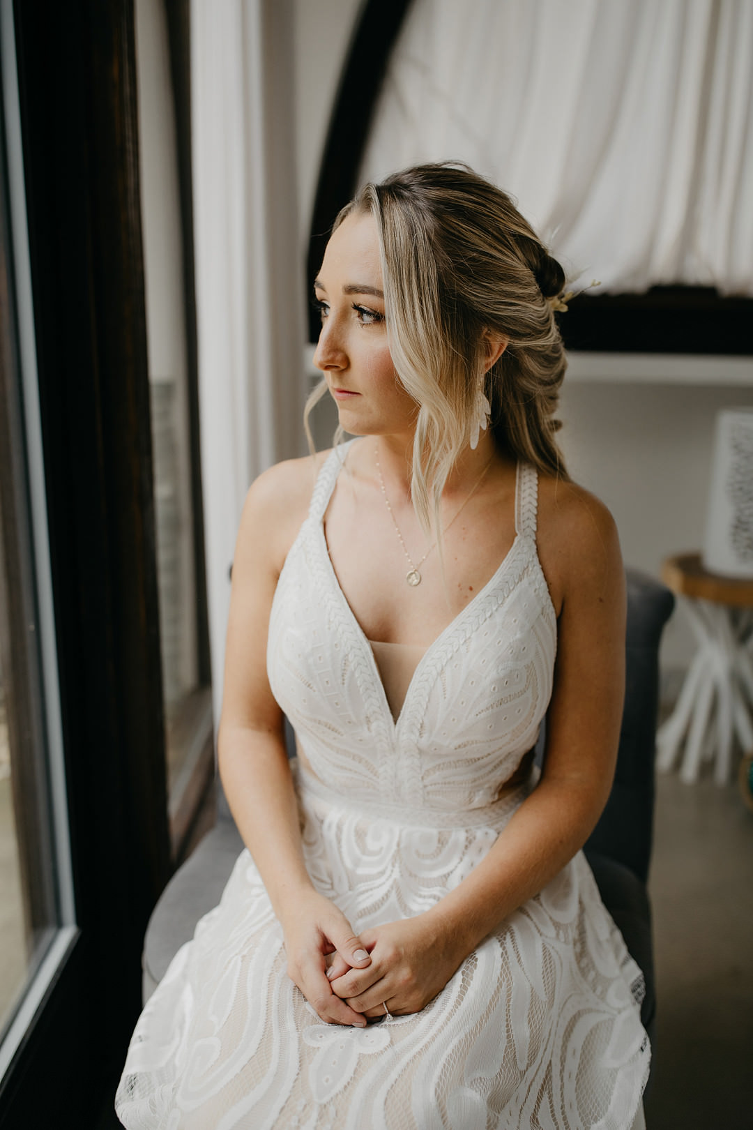 Dress Gown Bride Bridal Boho Lace Cross Back Train Tennessee Lake Wedding Eastlyn & Joshua