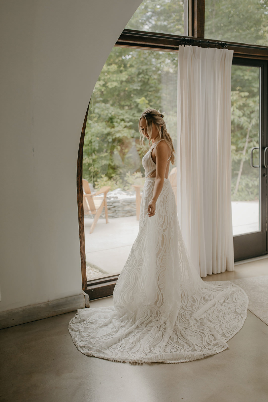 Dress Gown Bride Bridal Boho Lace Cross Back Train Tennessee Lake Wedding Eastlyn & Joshua