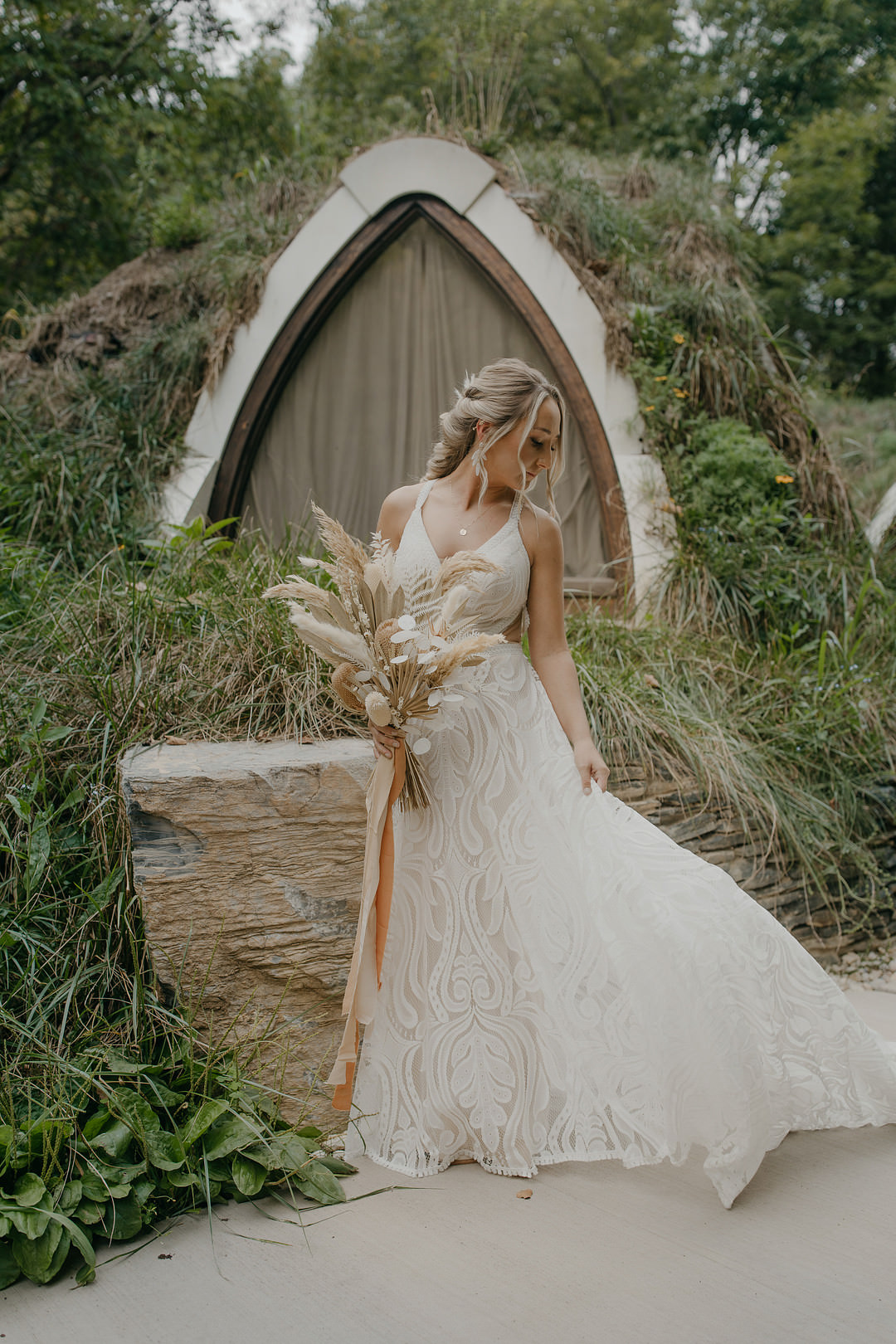 Dress Gown Bride Bridal Boho Lace Cross Back Train Tennessee Lake Wedding Eastlyn & Joshua