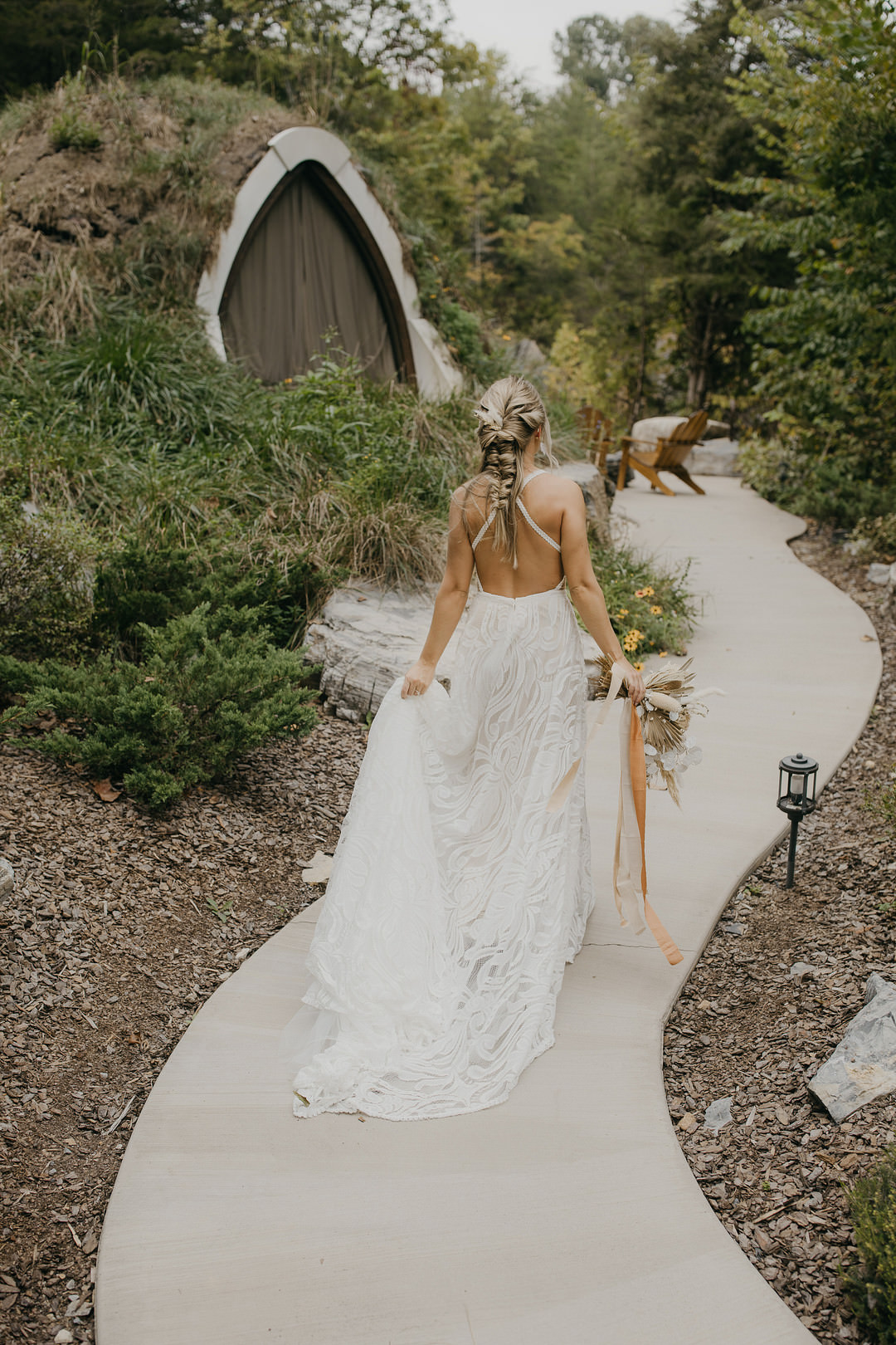 Dress Gown Bride Bridal Boho Lace Cross Back Train Tennessee Lake Wedding Eastlyn & Joshua
