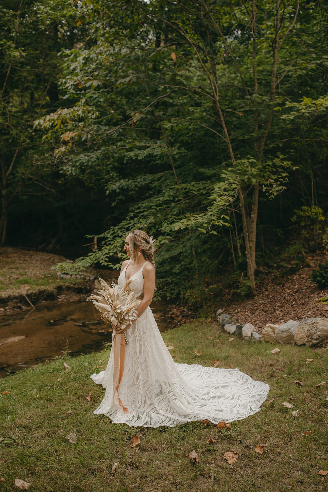 Dress Gown Bride Bridal Boho Lace Cross Back Train Tennessee Lake Wedding Eastlyn & Joshua