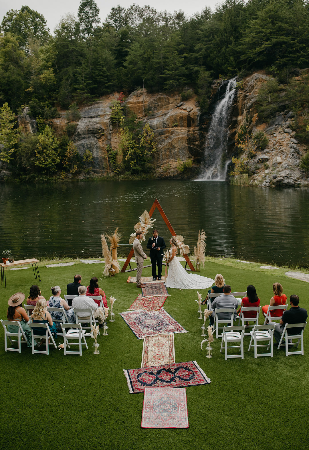 Ceremony Aisle Triangle Arch Pampas Grass Mismatched Rugs Tennessee Lake Wedding Eastlyn & Joshua