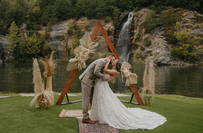 Ceremony Aisle Triangle Arch Pampas Grass Mismatched Rugs Tennessee Lake Wedding Eastlyn & Joshua