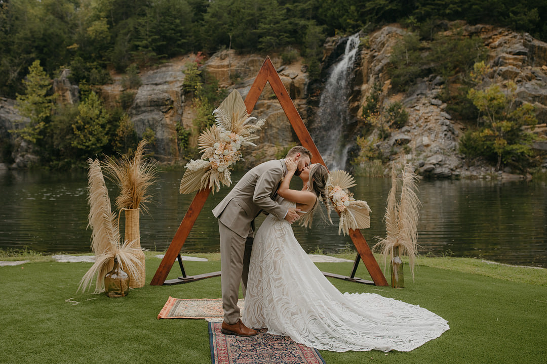 Ceremony Aisle Triangle Arch Pampas Grass Mismatched Rugs Tennessee Lake Wedding Eastlyn & Joshua
