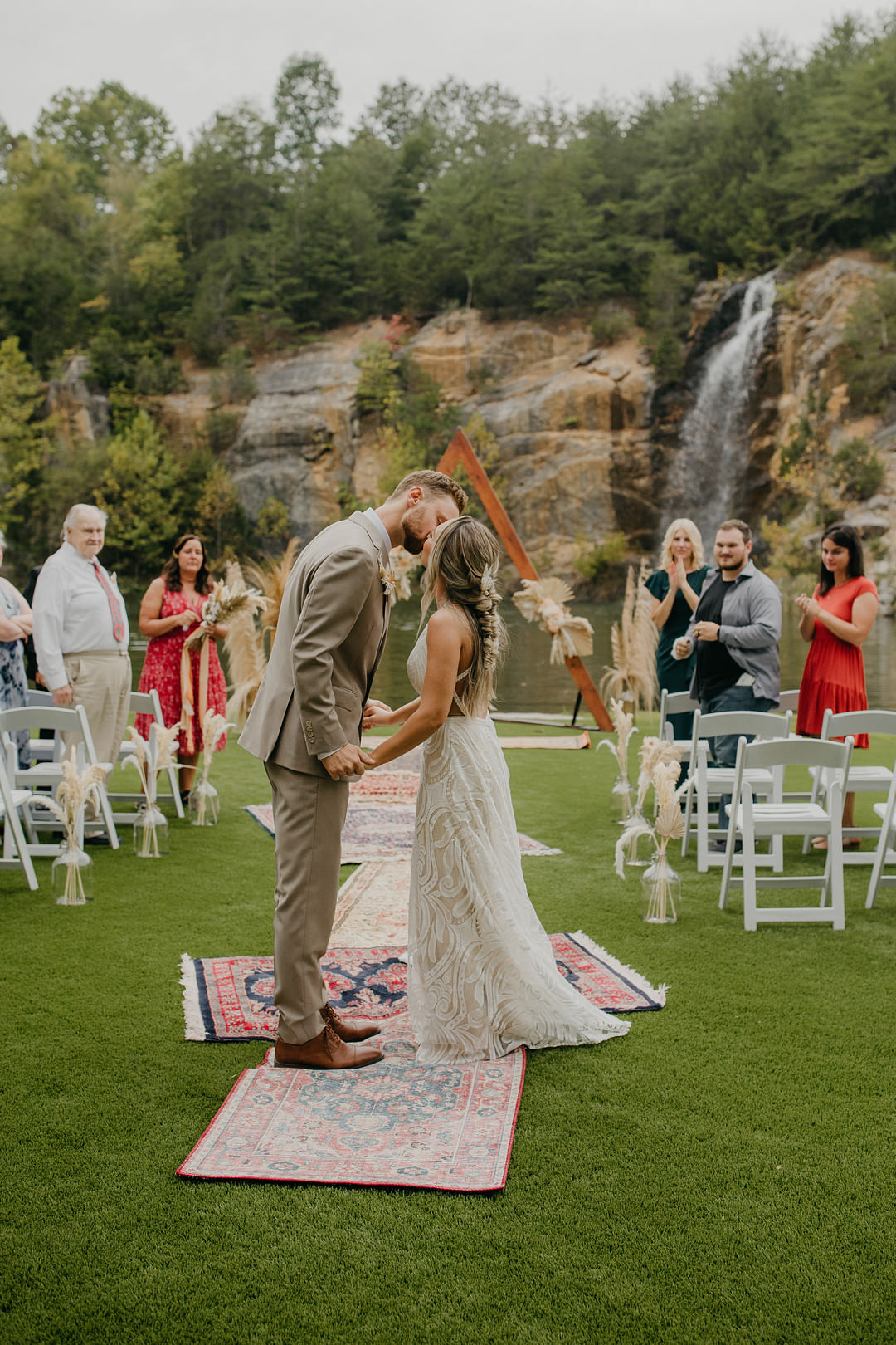 Ceremony Aisle Triangle Arch Pampas Grass Mismatched Rugs Tennessee Lake Wedding Eastlyn & Joshua