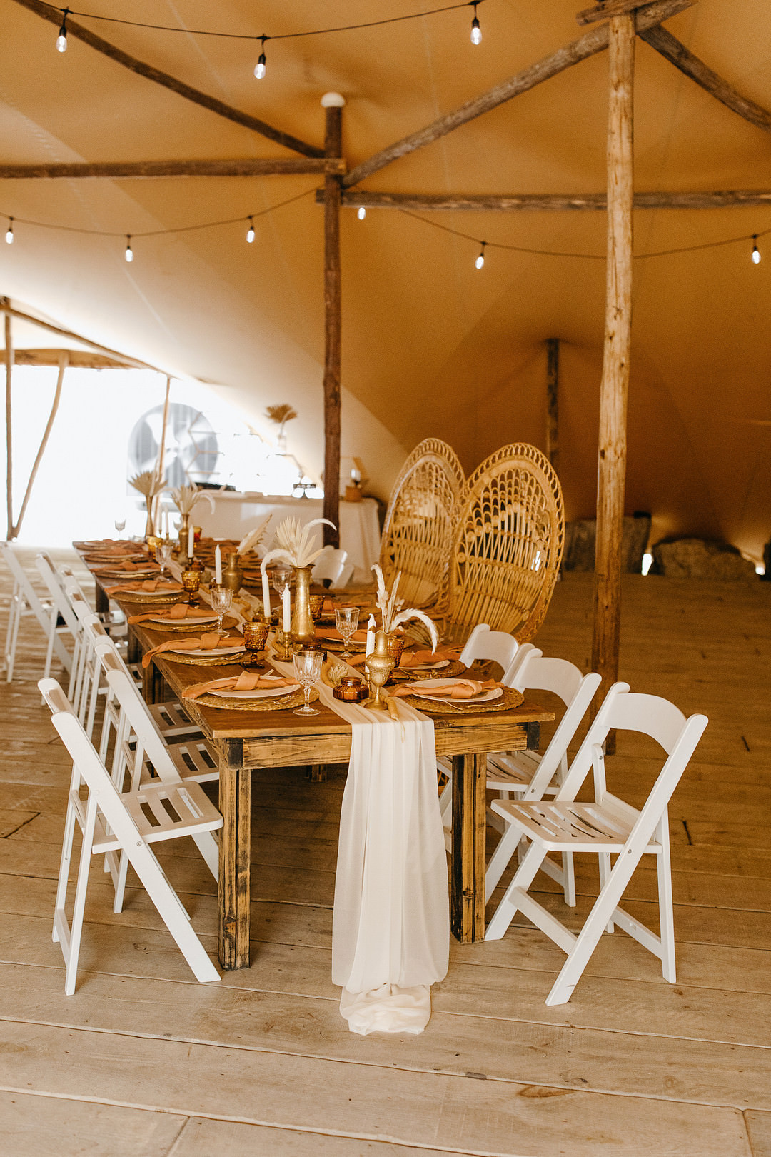 Long Wooden Table Runner Peacock Chairs Rattan Mats Pampas Grass Tennessee Lake Wedding Eastlyn & Joshua