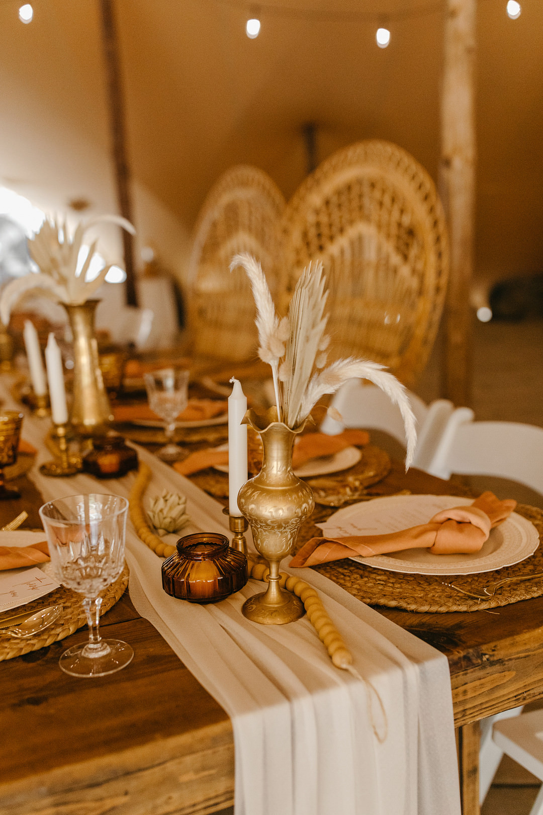 Long Wooden Table Runner Peacock Chairs Rattan Mats Pampas Grass Decor Tennessee Lake Wedding Eastlyn & Joshua