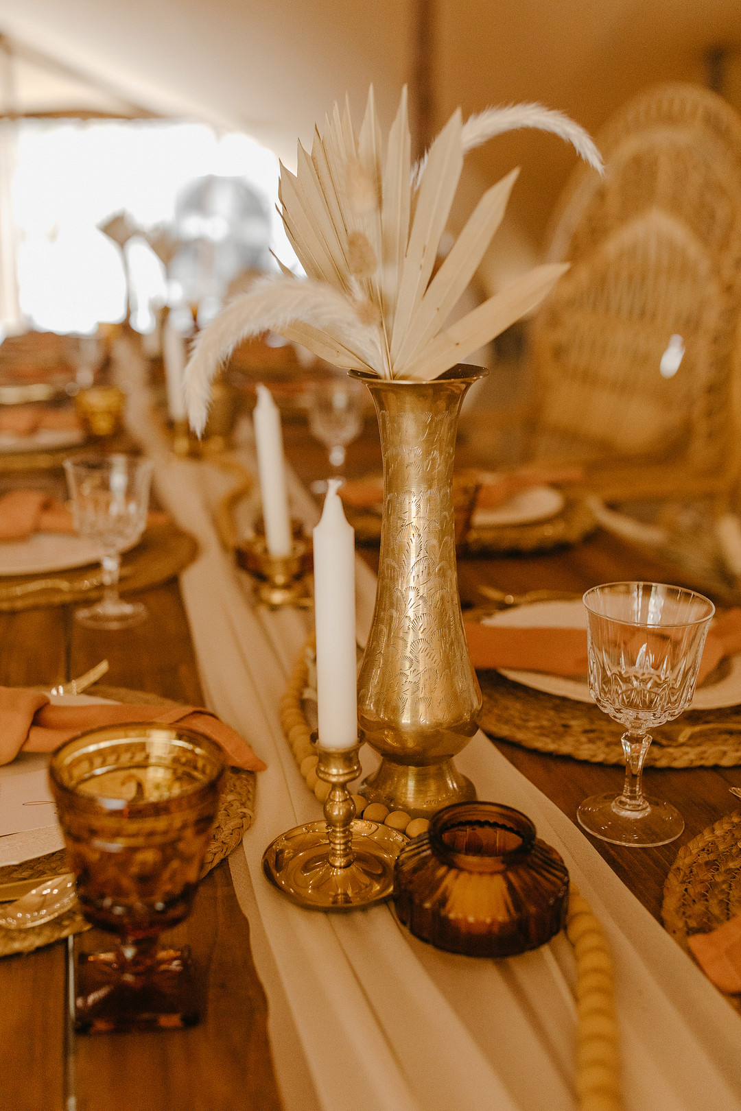 Long Wooden Table Runner Peacock Chairs Rattan Mats Pampas Grass Decor Tennessee Lake Wedding Eastlyn & Joshua