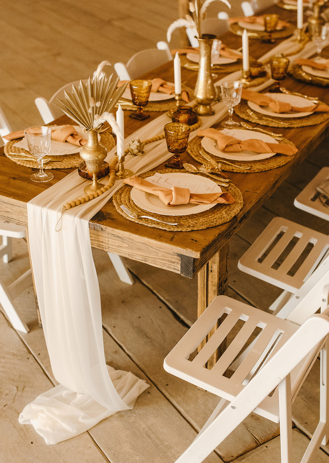 Long Wooden Table Runner Peacock Chairs Rattan Mats Pampas Grass Decor Tennessee Lake Wedding Eastlyn & Joshua