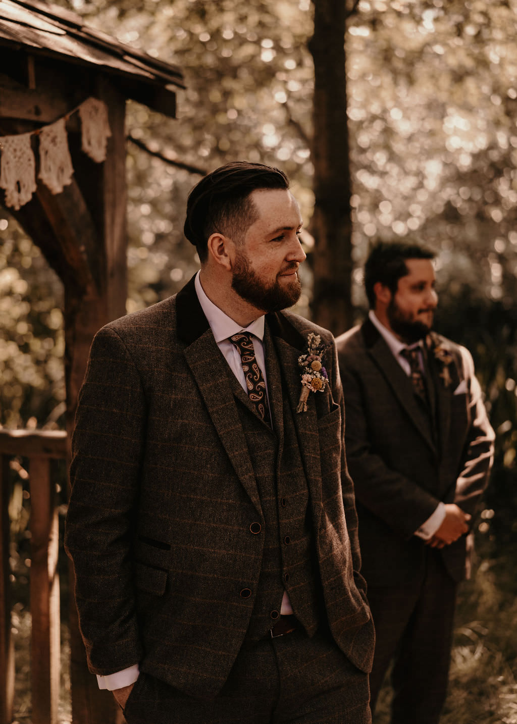 Groom Brown Tweed Tuit West Midlands Barn Wedding Photos By Hash