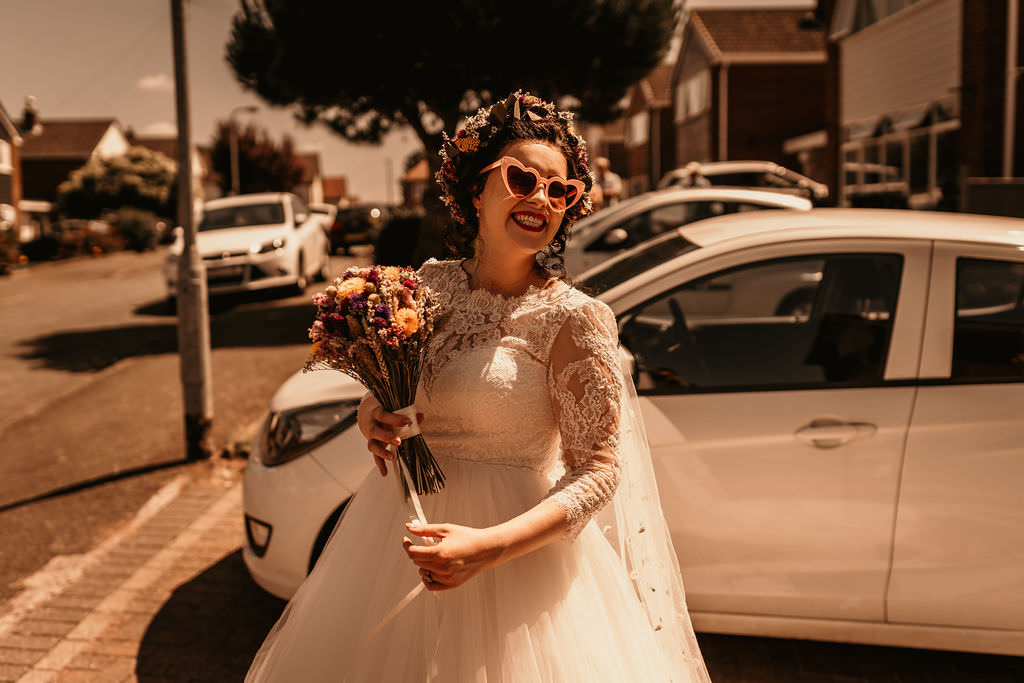 Bride Bridal Dried Flower Crown Sunglasses West Midlands Barn Wedding Photos By Hash