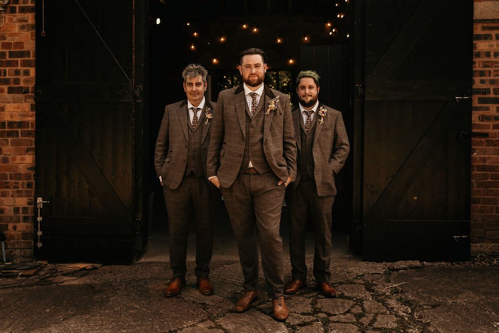 Groom Groomsmen Brown Tweed Suits West Midlands Barn Wedding Photos By Hash